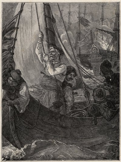Gresk uavhengighetskrig 1821 - 1829: Konstantin (Konstantin) Kanaris (Konstantinos Canaris) brenner flaggskipet til den tyrkiske flåten før Chios av Unknown artist