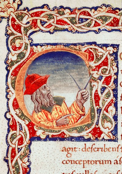 Den greske astronomen Claude Ptolemee (Claudius Ptolemaeus) (rundt 90-rundt 168 e.Kr.) bruker en comppas for å gjøre beregninger Miniatyr hentet fra "" Cosmographia"" (Ms. V.F. 32 f.2r) Napoli, Nasjonalbiblioteket av Unknown artist