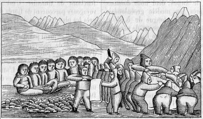 Greenland Exhibition at the Geography Society, Paris: Fac simile (Fac-simile) of a grave drawing by Eskimos. Engraving in “” La Nature: revue des sciences et de leurs applications aux arts et a l