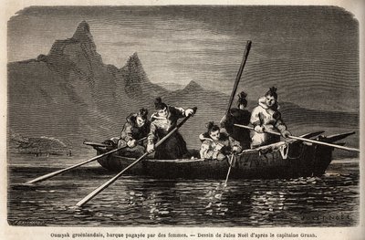 Greenland Umyak, type båt som drives av kvinner. Gravering for å illustrere reisen til det frie havet på den arktiske polen, av doktor Hayes, kirurg ved den amerikanske marinen, i 1860-1862, publisert i "Le tour du monde, nouveau journal des voyages", redi av Unknown artist