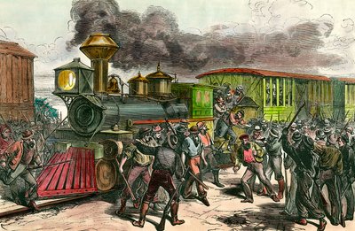 Greve på jernbanelinjen som forbinder Baltimore, Ohio Arbeidere jager sjåfører og ingeniører fra et tog på vei til Baltimore. 1877 1800-talls gravering Privat samling av Unknown artist