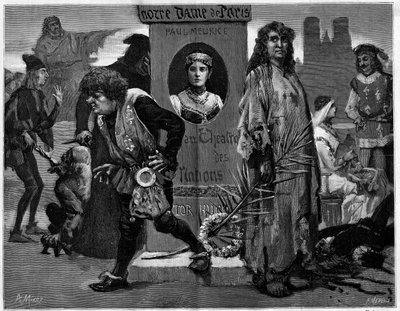 Gringoire, Quasimodo, La Esmeralda, La Sachette and Phoebus. Main characters in the theatre piece “” Notre Dame de Paris””, drama by Paul Meurice (1912-1979) by Victor Hugo (1802-1885) represented at the Theatre des Nations. Engraving in “” Le Monde illust av Unknown artist