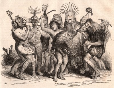 Gruppe brasilianske villmenn som danser med kostymer, masker og tradisjonelle hodeplagg av Unknown