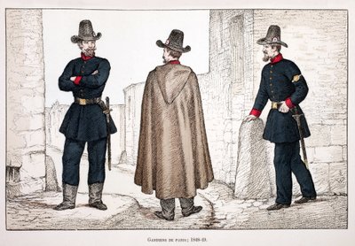 Fredens voktere (1848-1849). Etsning i farger, for illustrasjon "" Histoire du corps des gardes de la paix""" bok utgitt i regi av Louis Lepine (1846-1933) prefekt for politiet på Seinen, av Alfred Rey (1864-?) og Louis Feron av Unknown artist