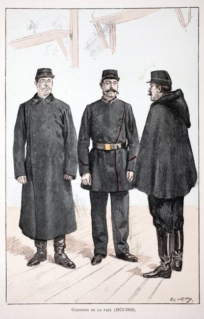Fredens voktere (1873-1894). Etsning i farger, for illustrasjon "" History of the corps of peacekeepers""" bok utgitt i regi av Louis Lepine (1846-1933) prefekt for politiet på Seinen, av Alfred Rey (1864-?) og Louis Feron av Unknown artist