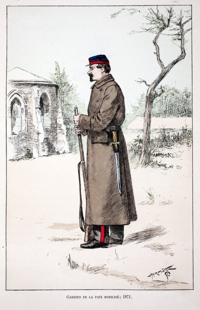 Fredens voktere mobiliserer (1871). Etsning i farger, for illustrasjon "" History of the corps of peacekeepers""" bok utgitt i regi av Louis Lepine (1846-1933), prefekt for politiet på Seinen, av Alfred Rey (1864-?) og Louis F. av Unknown artist