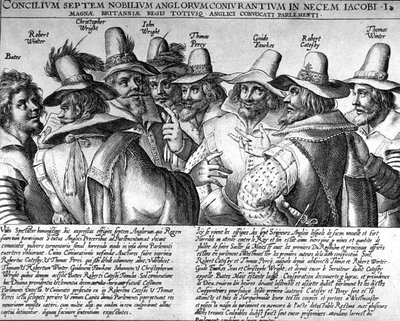 Krutt: Bates, Robert Winter, Christopher Wright, John Wright, Thomas Percy, Guido Fawkes, Thomas Winter av Unknown artist