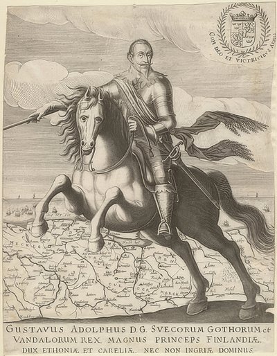 Gustav II Adolf foran et kart over Pommern i bakgrunnen. 1630 av Unknown