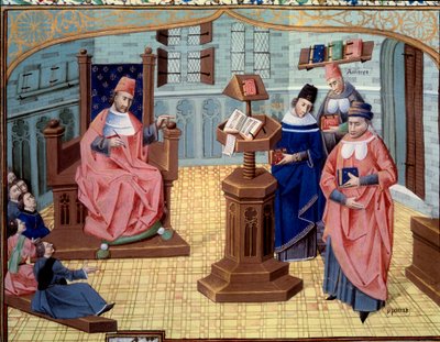 Fyr fra Chirugian Chauliac-lærer. Til høyre for ham, 6 lyttere og til venstre 3 karakterer som oppsummerer medisinens historie: Claude Galien (131-201), gresk doktor i antikken, Abu Ali al-Husayn ibn 
