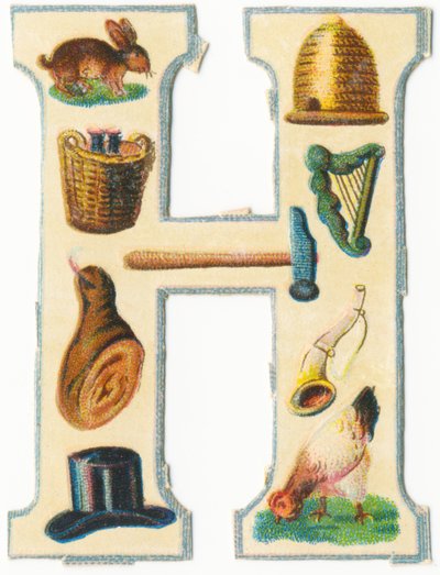 H: hare, bikube, høstekurv, harpe, hammer, skinke, horn, hatt, høne (farge litho) av Unknown artist