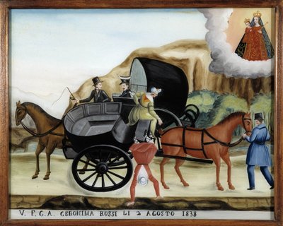 Hengende mellom to vogner og en passasjers fall - Maleri på glass, ex-voto av Notre Dame de Laghet av Unknown artist