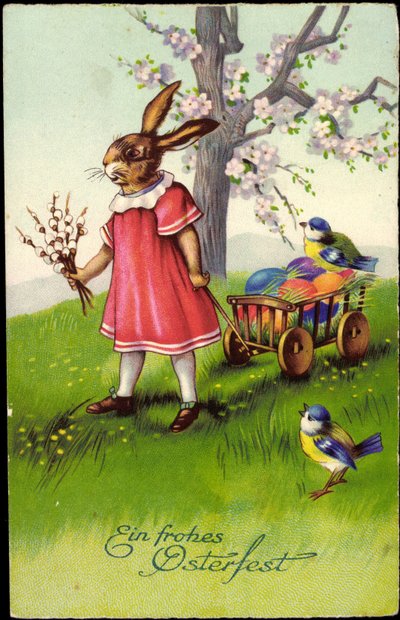 God påske, påskeharen trekker vogner, påskeegg, spurver av Unknown Artist