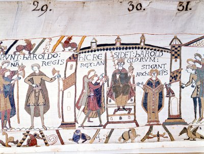Harold II (1022 - 1066) ble utropt til konge ved døden av Edward Bekjenneren i 1066, men døde snart i slaget ved Hastings. Bayeux-teppe eller broderi av dronning Mathilde av Unknown artist