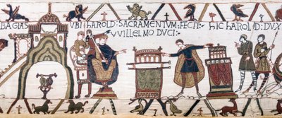 Harold sverger en hellig ed til William i Bayeux, Bayeux Tapestry (ullbroderi på lin) av Unknown artist