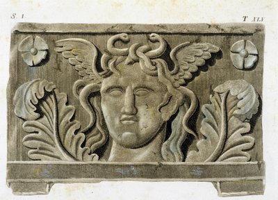 Leder av Medusa, en av de tre Gorgonene, steinrelieff - i "Monumenti Etruschi"". av Unknown artist