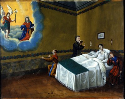 Helbredelse av en syk person. Ex voto fra 1840 fra helligdommen til Maria delle Grazie di Monza. av Unknown artist