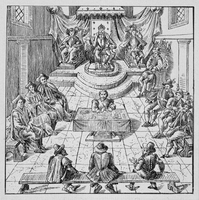 Henri III (1551 - 1589) som holdt Estates Génales i Blois i 1576 - i "" Samling av 39 figurer som representerer ulykkene i Frankrike fra 1562 til 1586""; Louis Perrin imprimerie av Unknown artist