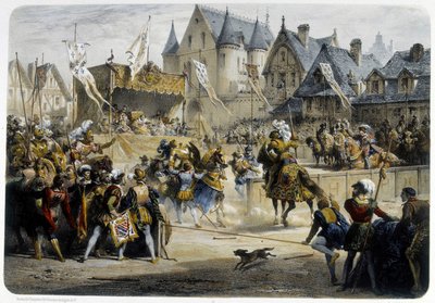Henri II (1519 - 1559) såret dødelig av Montgomery under turneringen 29. juni 1559, rue St Antoine, foran Palais des Tournelles - litografi av Unknown artist
