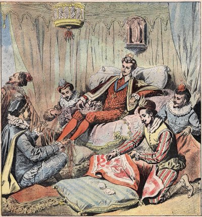 Henry III (1551 - 1589) and his cuties. The king (Henry III; 1551 - 1589) sits in the back; has his feet Quelus and Maugiron braid ribbons; Schomberg makes a tapestry... of O and Epernon looks out of the openings, finally Chicot sits on one of the doormen. av Unknown artist