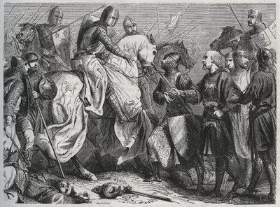 Henry III (Henry III Plantagenet av England) (1207-1272) blir tatt til fange av Simon V av Montfort (ca. 1208-1265) ved Lewes i Sussex 1264 - gravering 1864 av Unknown artist