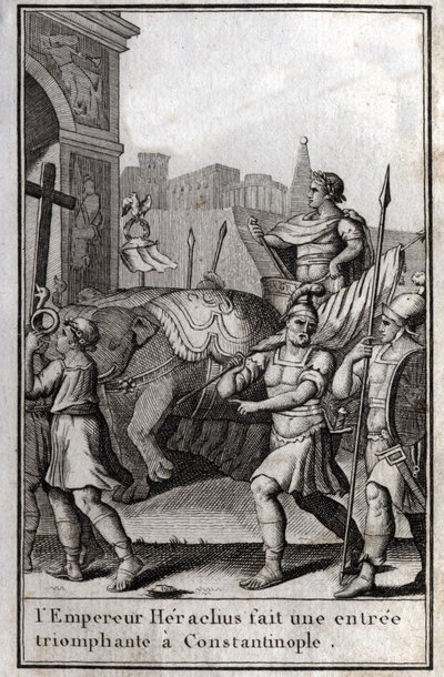 Heraclius I (Flavius Heraclius, Herakleios (ca. 575-610/641), bysantinsk keiser, gjorde en triumferende inngang til Konstantinopel. Han klatret på en vogn som ble nådd av fire elefanter og brakte foran seg det sanne kors (det hellige kors) som var tatt fra av Unknown artist