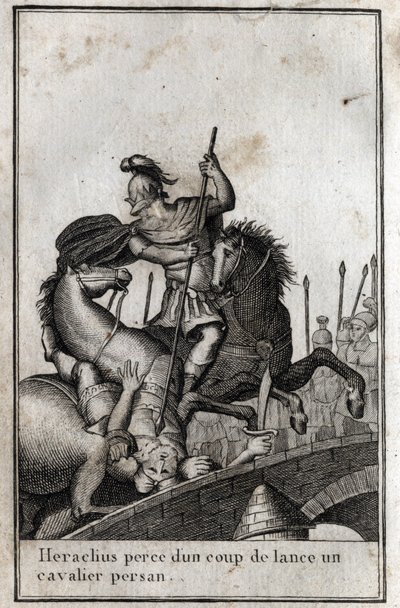 Heraclius I (Flavius Heraclius, Herakleios (ca. 575-610/641), bysantinsk keiser, spyd en persisk rytter (krig mot perserne), 7. århundre. Gravering i "Beaute de l'histoire du basse empire" redige av PJBN 1814. av Unknown artist