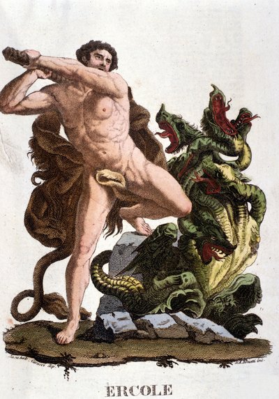 Herkules slår ned Hydraen til Lerna - gravering av Unknown artist