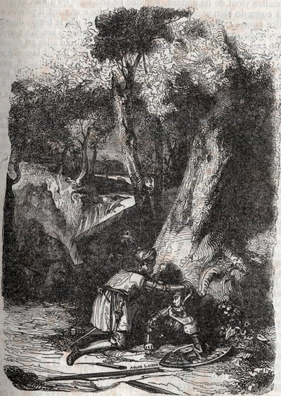 Hermonides veltet og reddet av Zerbin - 1851 gravering fra "" Furious Roland"" (Orlando furioso) (1500-tallet) av Ludovico Ariosto, kjent som Ariosta - Edition oversatt fra italiensk av greven av Tressan og utgitt av Gustave Harvard 1851 av Unknown artist