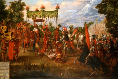 Hernan Cortes møter keiser Moctezuma av Unknown artist