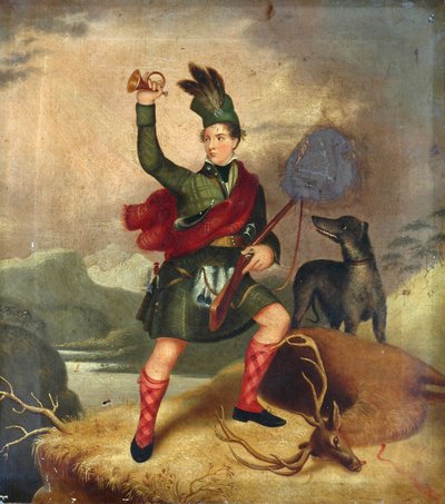 Highland Hunter med hund og døde hjort, ca. 1850 av Unknown