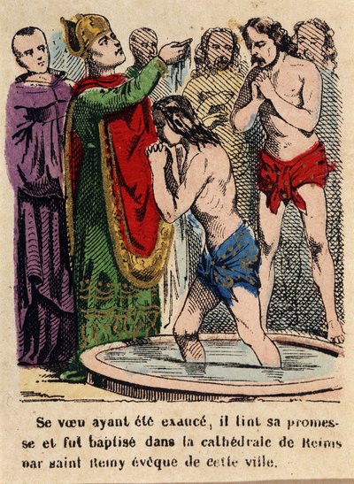 Hans løfte var blitt oppfylt, Clovis ble døpt i katedralen i Reims av Saint Rémi, biskop av byen av Unknown artist