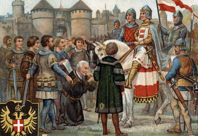 Historiske episoder av kjente byer: Rudolf av Habsburg (Rodolf I av det hellige rike 1218-1291) tok Wien i besittelse (1276). Rodolf I var romernes konge og ved å ta byen Wien i besittelse grunnla han Habsburgernes makt. Chromol av Unknown artist