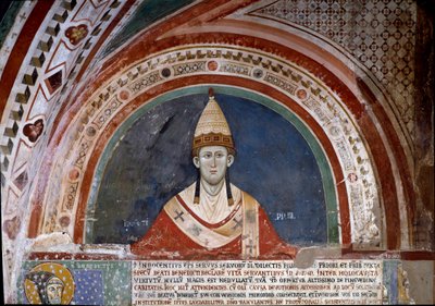 Historien om den hellige Frans av Assisi: representasjon av pave Innocenzo III, som viser boblen som bekrefter fransiskanerstyret i 1210 (fresco) av Unknown artist