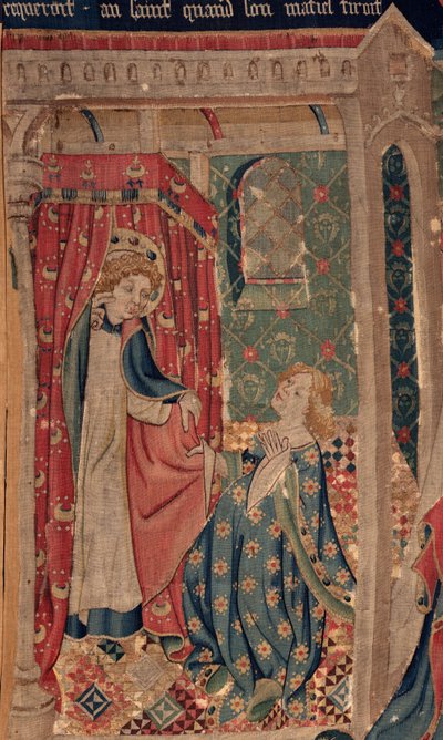 History of Saint Piat og Saint Eleuthère, Scene 11: Fristelsene til Saint Eleuthère (Tribunedatteren kommer til å dø slik at hun ikke kan oppnå den gale kjærligheten som helgenen krever når kappen hans trekker seg). Detalj. av Unknown artist