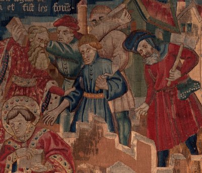 Historien om Saint Piat og Saint Eleuthère, scene 5 detalj. Øverst til høyre. Murere. av Unknown artist
