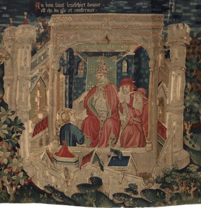 Historien om Saint Piat og Saint Eleuthère, scene 9: Saint Éleuthère er bekreftet av paven som biskopen av Tournai av Unknown artist