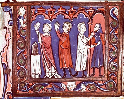 Historie om kanonisk lov: "" nattverdssted (venstre) og ekskommunikasjon (høyre)"" Miniatyr hentet fra "" Decretales"" av Giovanni d