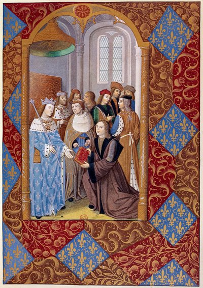 Trykkhistorie: forlegger Antoine Verard (? -1513) presenterer sin bok til kong Charles VIII. Fra et manuskript fra 1494 av Unknown artist