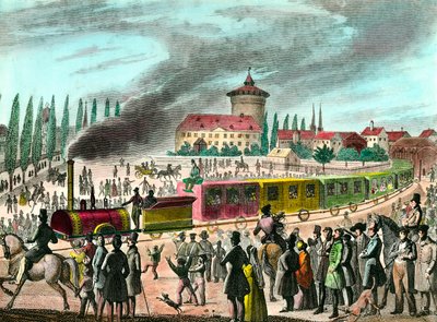 Historie om offentlig transport: jernbane mellom Paris og Versailles. Gravering fra 1800-tallet. Privat samling av Unknown artist