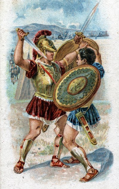 Historien om livet til Achilles, legendariske helter fra den trojanske krigen: Achilles kjemper mot Hector for å hevne Patrocles død. Kromolitografi fra 1890. av Unknown artist