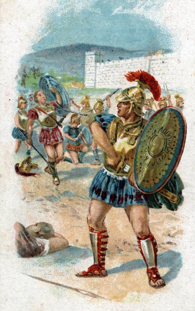 Historien om livet til Achilles, legendariske helter fra den trojanske krigen: Patroklos får tillatelse fra Achilles til å redde grekerne ved å bære våpnene hans. Han vil bli drept av Hector, som tar Achilles sine våpen som tyvegods. Kromolitografi fra 189 av Unknown artist