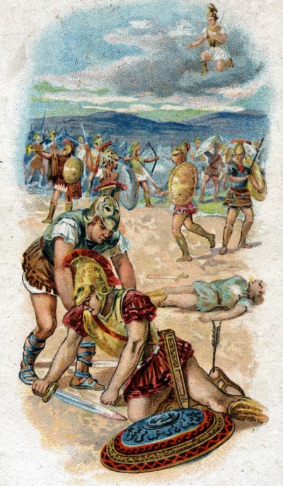 History of the life of Achilles, legendary heros of the Trojan War: death of Achilles, at the foot of the walls of Troy, the heel, his weak point, pierces an arrow pulled by Paris. Chromolithography of 1890. av Unknown artist