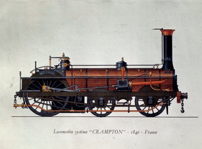 Transporthistorie: lokomotivmodell, Crampton-system oppkalt etter Thomas Russell Crampton (1816-1888), britisk ingeniør: han skapte et høyhastighetslokomotiv. Gravering fra 1849 Paris, Dekorativ kunst av Unknown artist