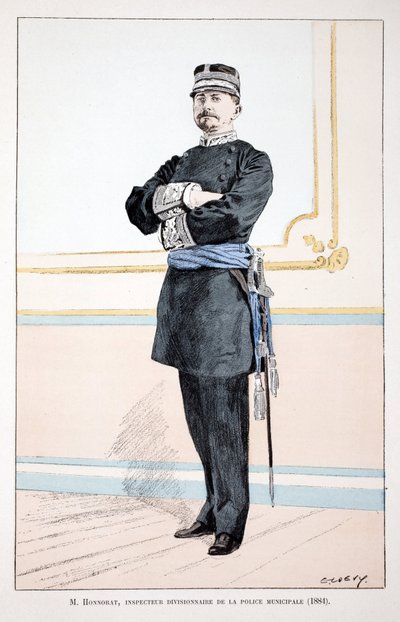 Honorat, avdelingsinspektør for det kommunale politi (1884). Etsning i farger, for illustrasjon "" History of the Corps of Peacekeepers""" bok utgitt i regi av Louis Lepine (1846-1933) prefekt for politiet på Seinen, av Alfred Rey av Unknown artist