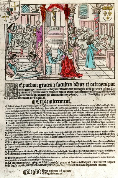 Sykehus på 1500-tallet: Avlatsbrev (Til høyre: en sykehusscene. Agauche: døende og død). Gravering fra 1500-tallet. Privat samling. av Unknown artist