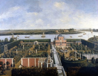 Hus ved bredden av en elv. 1600-tallsillustrasjon. Historisk museum i Amsterdam av Unknown artist