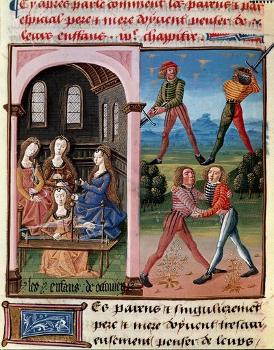Hvordan foreldre bør tenke på barna sine; barna til Octavian lærer ridderlighet og ullarbeid"" Miniatyr hentet fra "" Le livre de bonnes moreurs de Jacques Legrand""" av Unknown artist