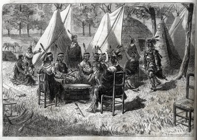 Human Zoos - Human Zoo - Etnologiske utstillinger - Mohas-indianere ved akklimatasjonshagen (The Illustrious Diary of 1883) - Femten Nebraska-indianere av Unknown artist