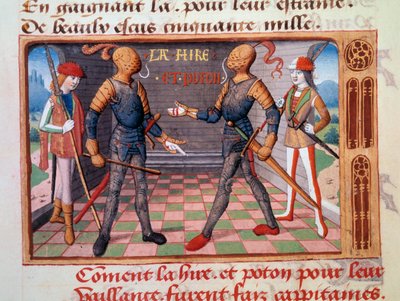 Hundreårskrig: «Etienne de Vignoles eller Vignolles dit La Hire (Lahire) (1390-1443) og Jean Poton, herre av Xaintrailles (eller Saintrailles) (v. 1400 til 1461), følgesvenner av Jeanne d'Arc, blir gjort til kapteiner ”” Belyst miniatyr fra manuskripte av Unknown artist