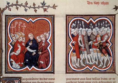 Hundreårskrigen: "Til venstre beordret den fremtidige delfinen Charles V den vise (1338-1380) (regent på denne tiden) og rådmennene i generalstatene frigjøringen av hans far John II etter slaget ved Poitiers i 1356, han var omringet av Etien av Unknown artist